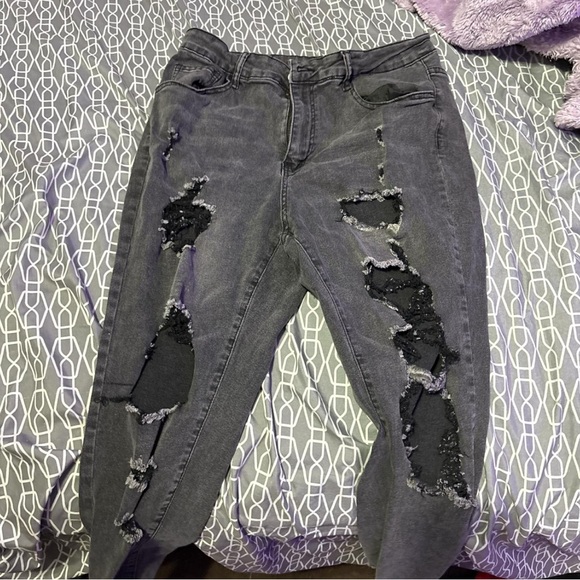 SHEIN Denim - SHEIN Dark Gray Distressed Skinny Jeans